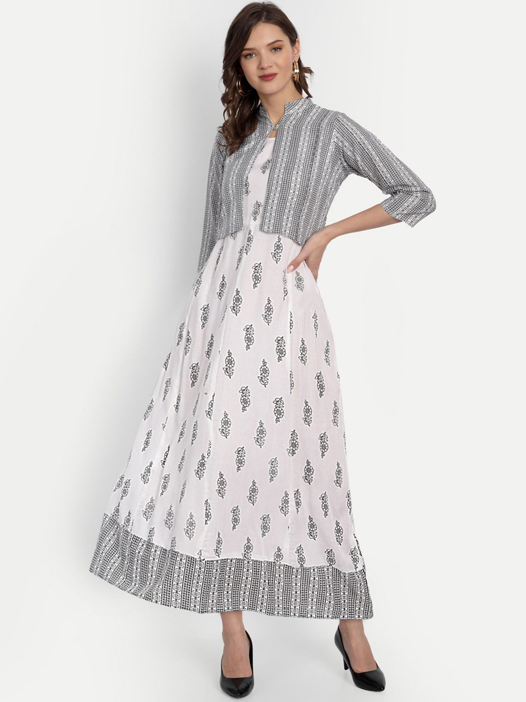 

FABISTA Ethnic Motifs Printed Anarkali Kurta with Jacket, White