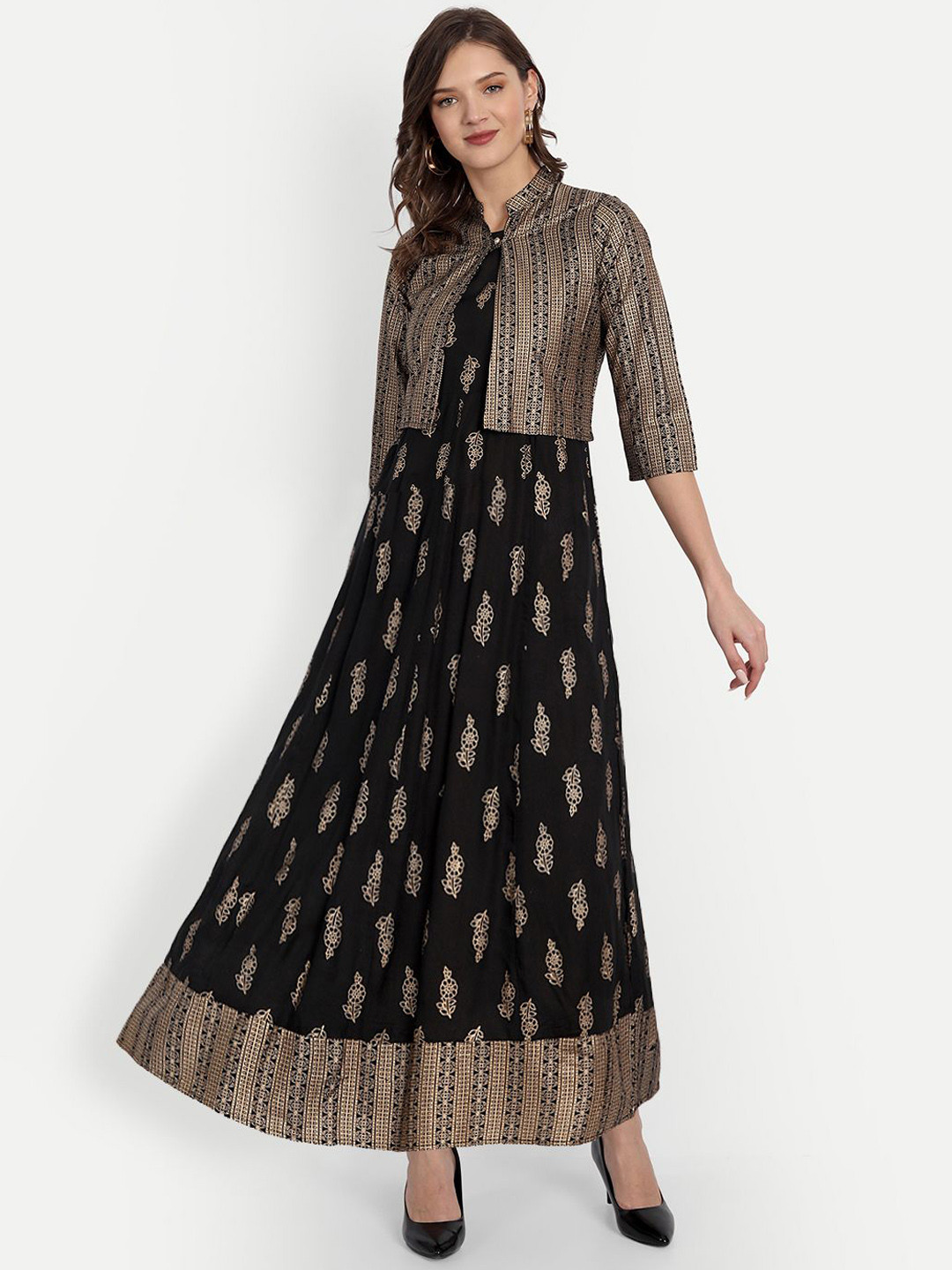 

FABISTA Floral Printed Anarkali Kurta With Jacket, Black