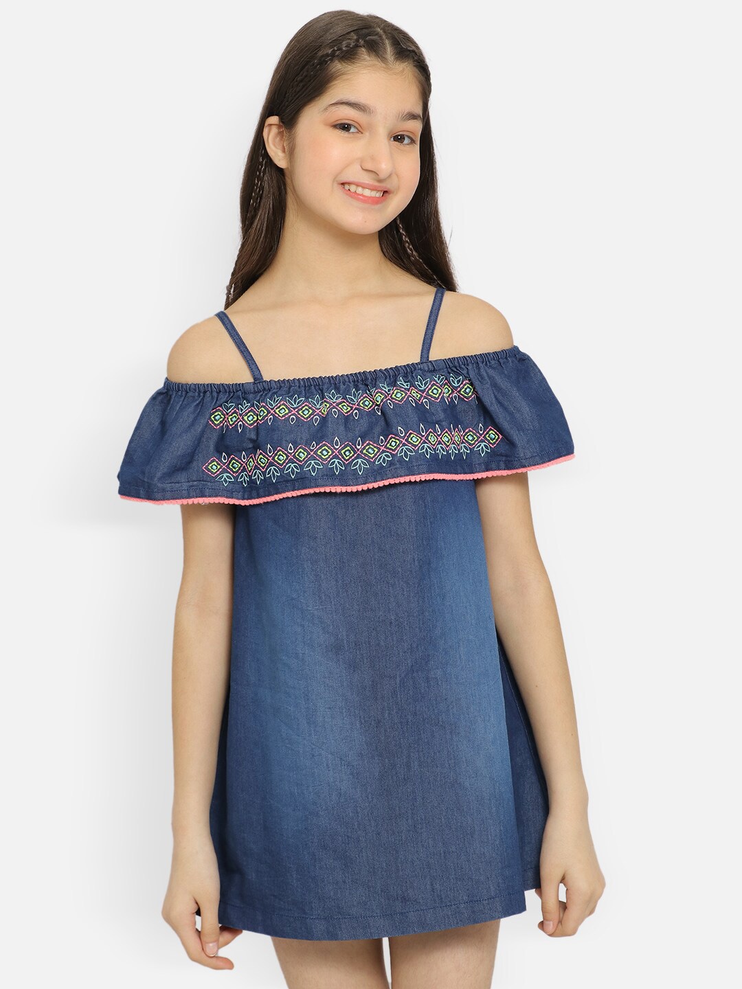 

Natilene Girls Ethnic Embroidered Layered Detail Pure Cotton A-Line Mini Dress, Navy blue