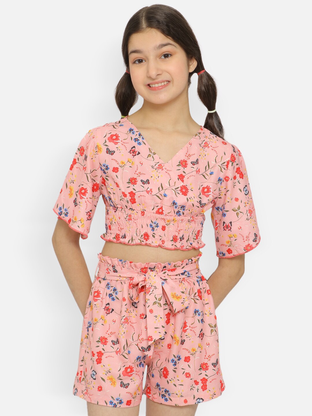 

Natilene Girls Printed Top with Shorts, Peach
