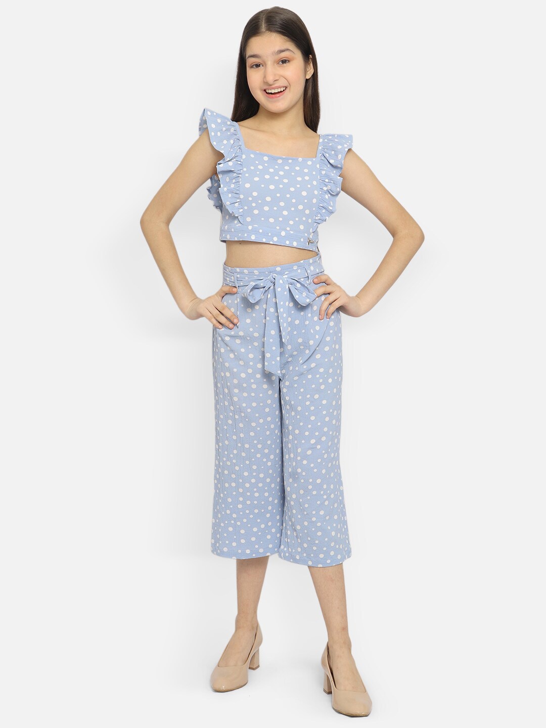 

Natilene Girls Polka Dots Printed Ruffled Crop Top & Capris With Waist Tie-Ups, Blue