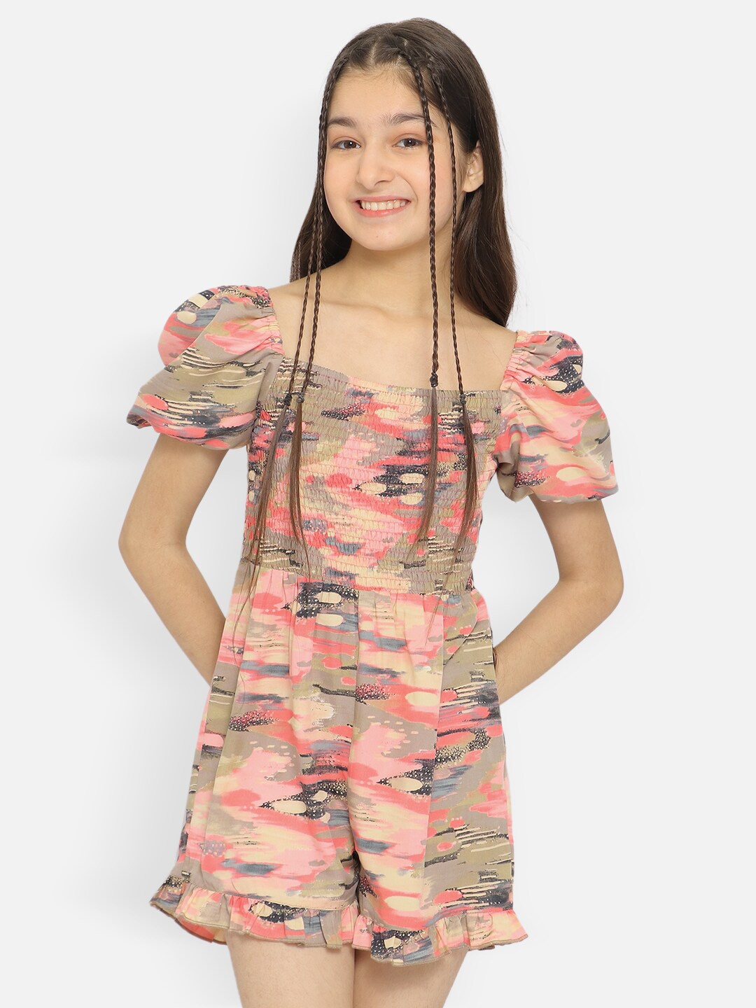 

Natilene Girls Abstract Printed Puff Sleeves Gathers Detailed Casual Playsuit, Pink