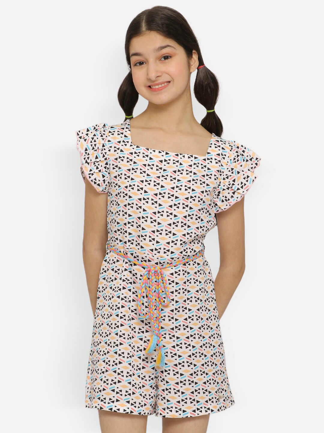 

Natilene Girls Abstract Printed Casual Playsuit With Waist Tie-Ups, White
