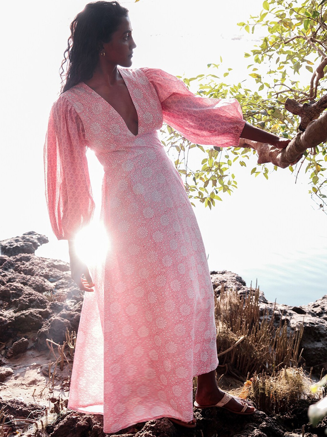 

OKHAI Floral Printed Puff Sleeves V-Neck Cotton Maxi A-Line Dress, Pink