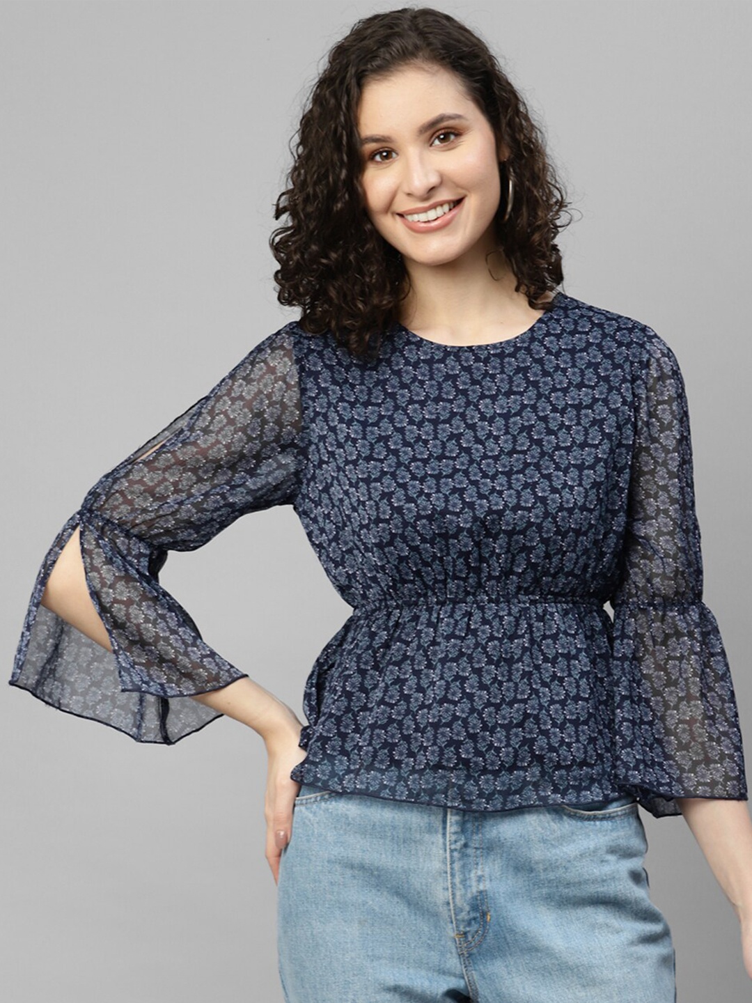 

DEEBACO Floral Print Georgette Cinched Waist Top, Navy blue