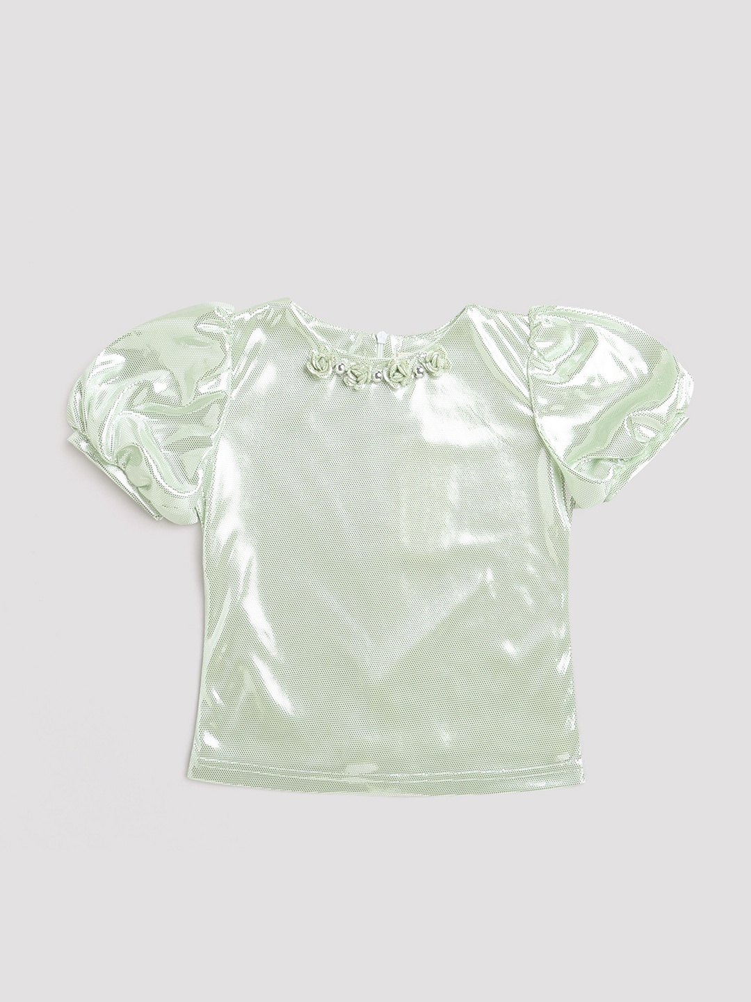 

Tiny Girl Puff Sleeves Sheen Top, Green