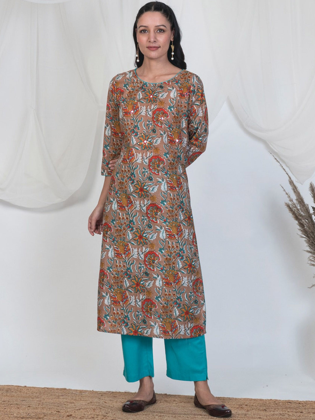 

AKISO Printed Mirror Work Pure Cotton A-Line Kurta, Brown