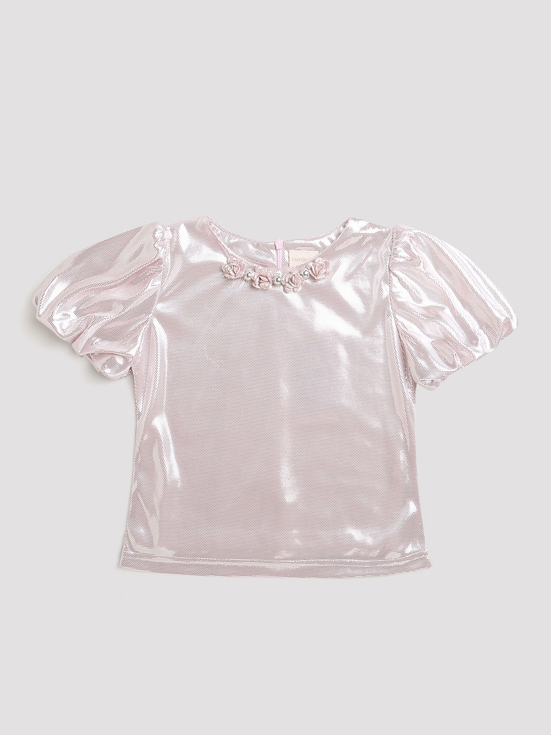 

Tiny Girls Puff Sleeves Bling & Sparkly Sheen Top, Pink