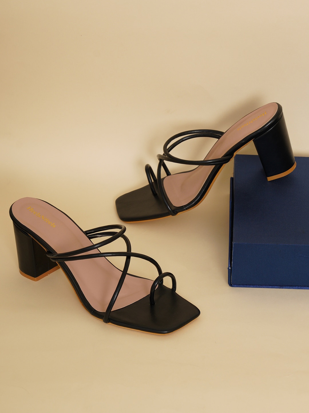 

HEELSNFEELS Open Toe Block Heels, Black