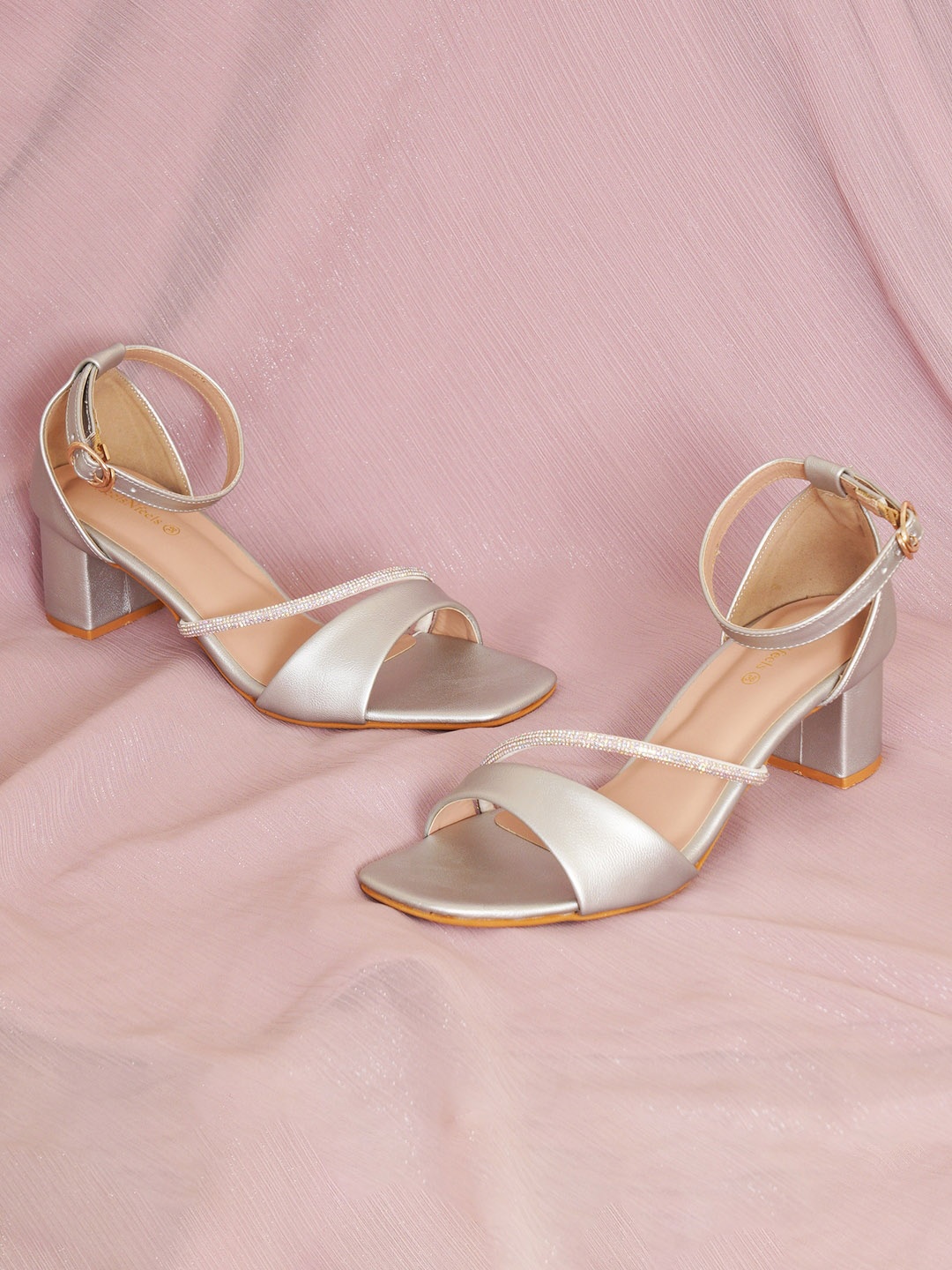 

HEELSNFEELS Open Toe Ankle Loop Block Heels With Buckles, Silver