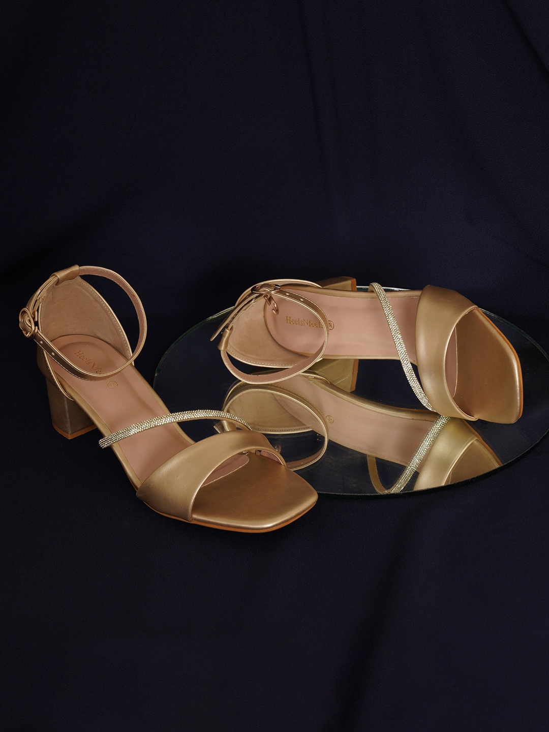 

HEELSNFEELS Embellished Open Toe Block Heels With Buckles, Gold