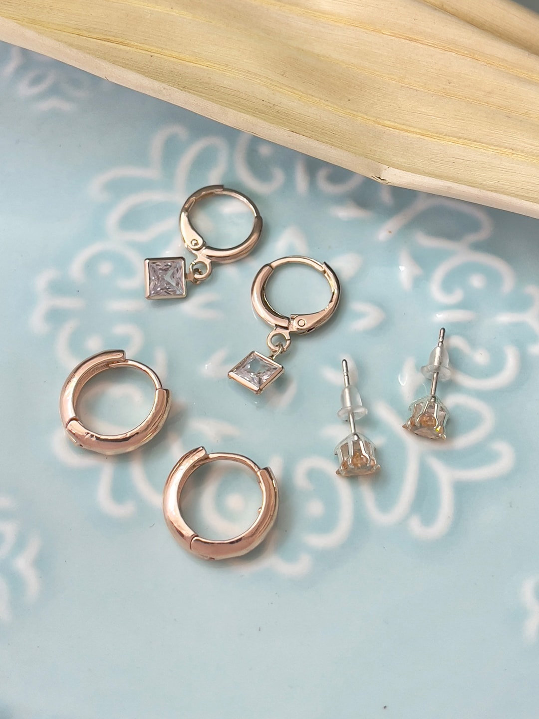

Ayesha Set Of 3 Rose Gold-Plated Contemporary Stud & Hoop Earrings, White