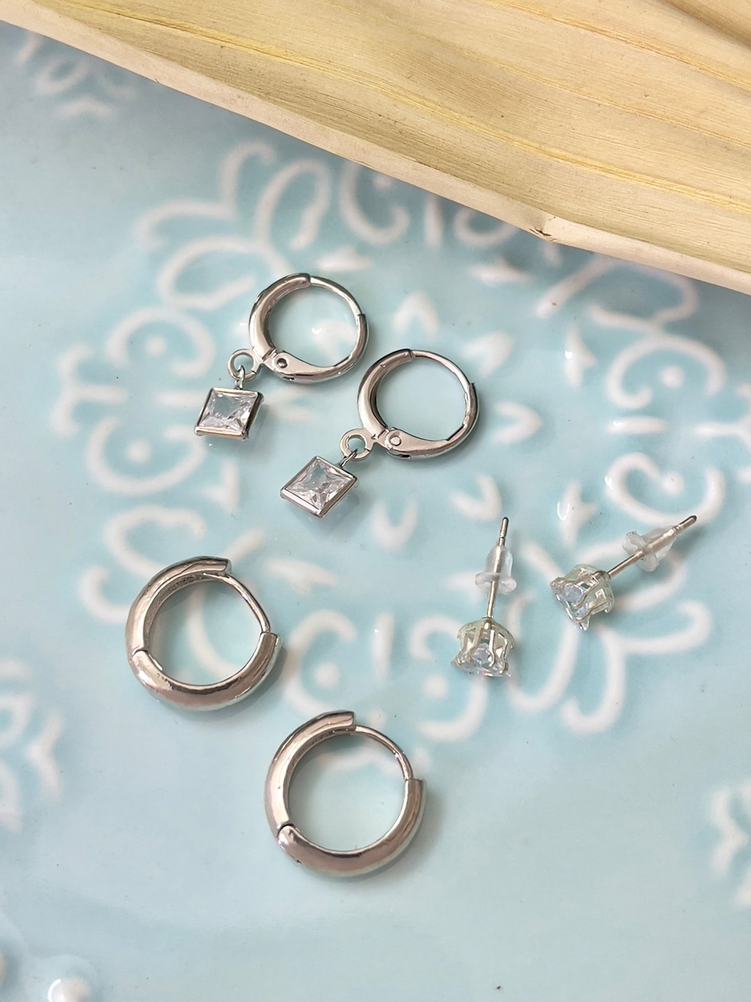 

Ayesha Set Of 3 Silver-Plated Contemporary Stud & Hoop Earrings