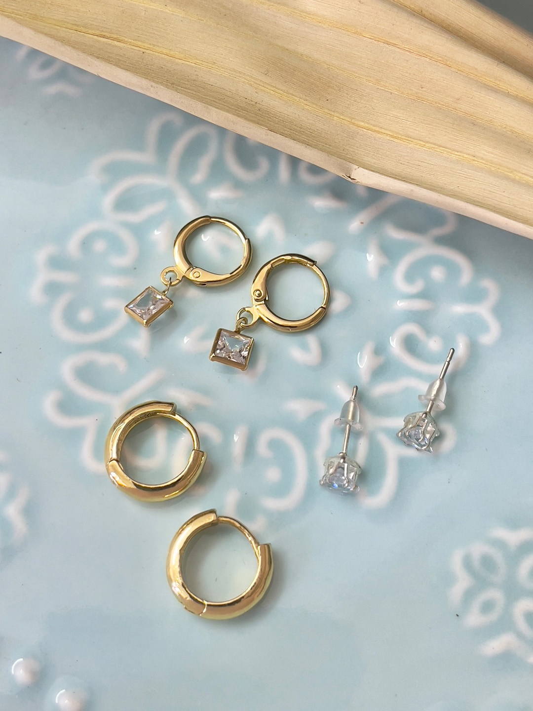 

Ayesha Set Of 3 Gold-Plated Contemporary Stud & Hoop Earrings, White