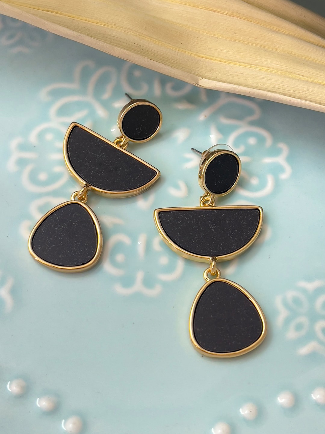 

Ayesha Gold-Plated Contemporary Organic Triple Drop Earrings, Black