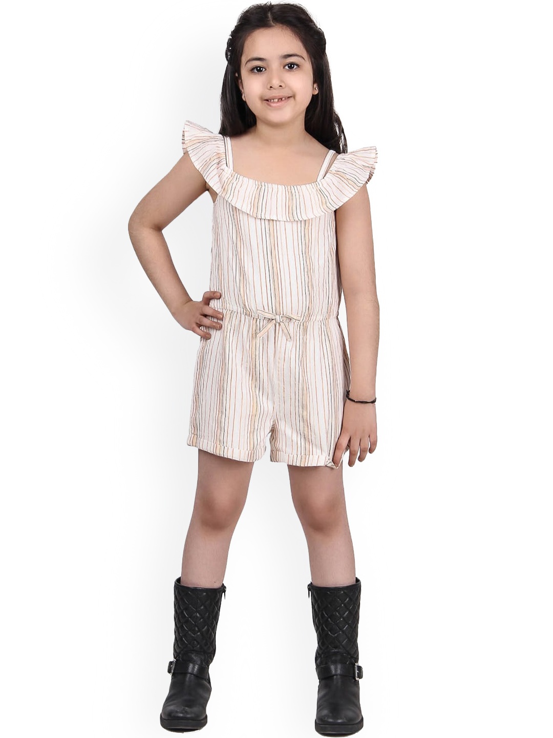 

Miyo Girls Striped Cotton Sleeveless Playsuit, Off white