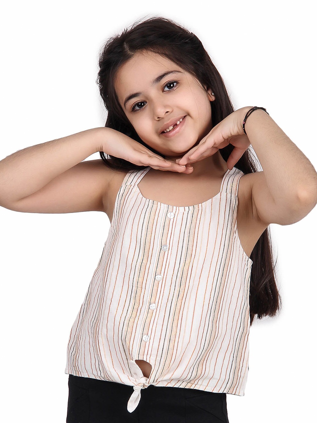 

Miyo Girls Striped Cotton Top, Beige