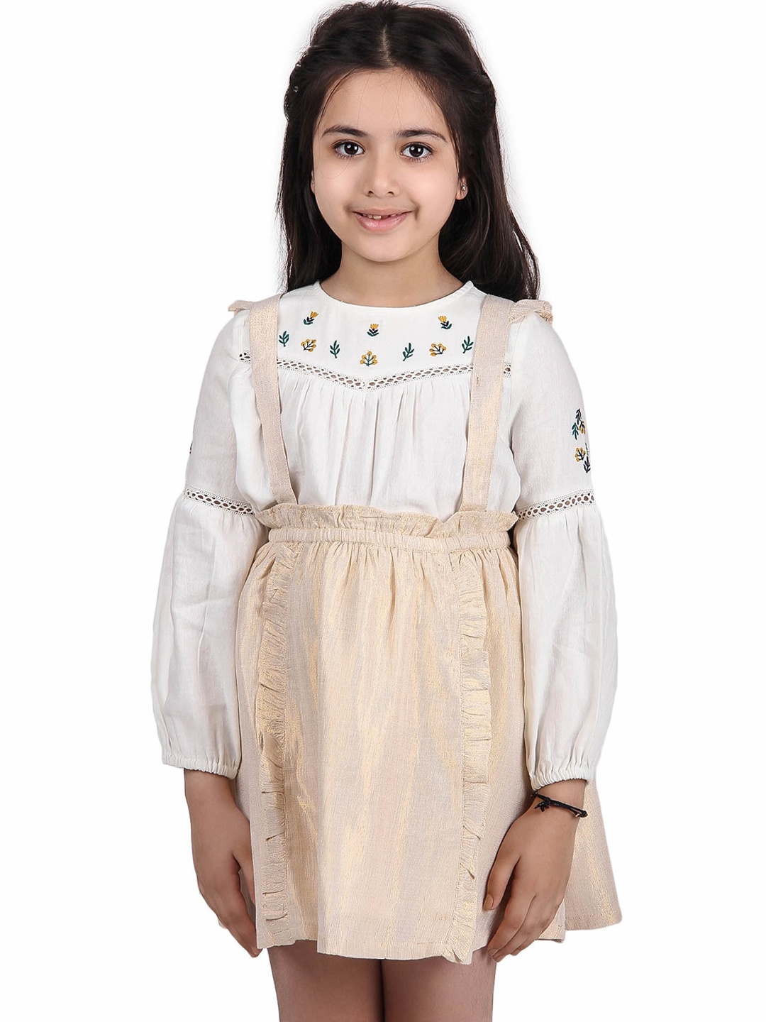 

Miyo Girls Pure Cotton A-Line Knee-Length Flared Pinafore Skirt, Gold