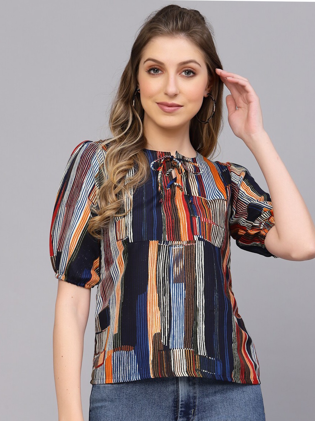 

Selvia Striped Puff Sleeves Tie Up Regular Top, Navy blue