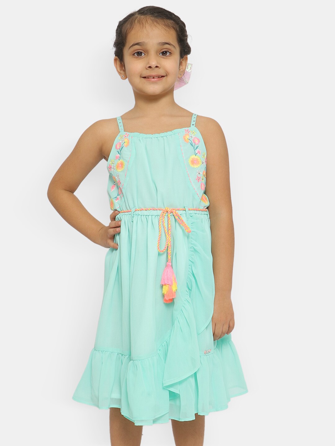 

Nauti Nati Girls Floral Embroidered Ruffled Tie-Up Detail Fit & Flare Dress, Sea green