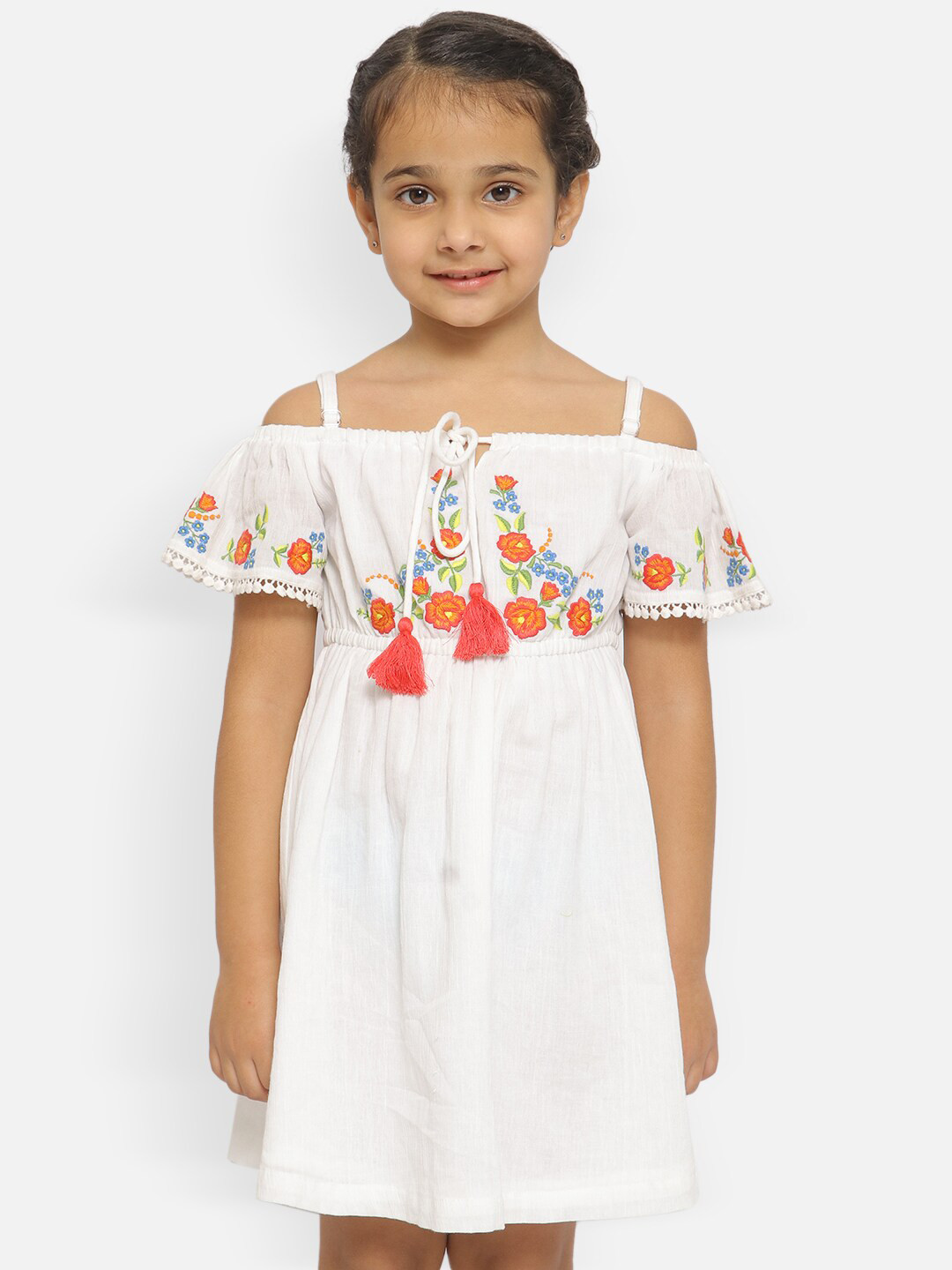

Nauti Nati Girls Floral Embroidered Tie-Up Detail Gathered Pure Cotton A-Line Dress, White