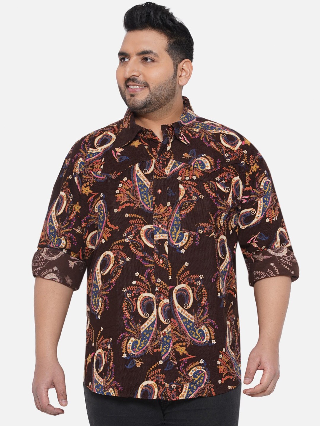 

Santonio Plus Size Comfort Ethnic Motifs Printed Pure Cotton Shirt, Brown