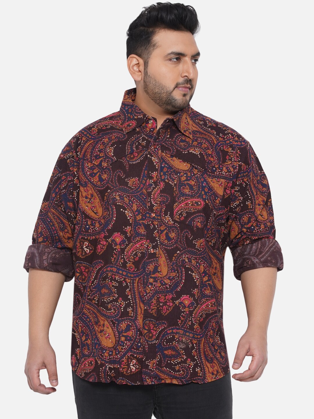 

Santonio Plus Size Comfort Ethnic Motifs Printed Pure Cotton Shirt, Brown
