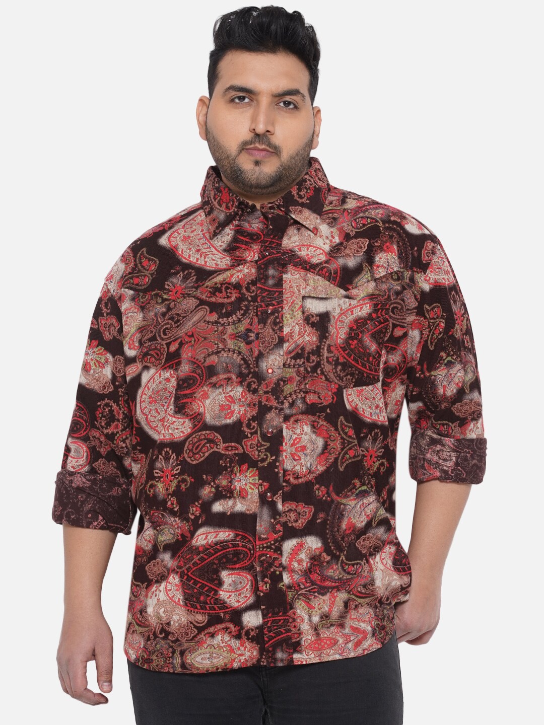 

Santonio Plus Size Comfort Ethnic Motifs Printed Pure Cotton Shirt, Brown