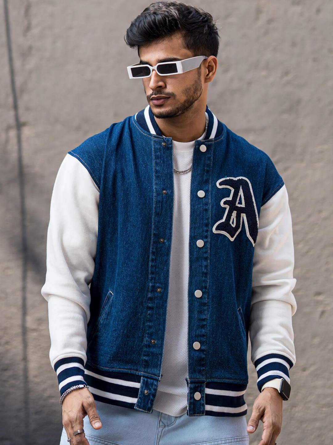 

Powerlook Men Oversize Denim Varsity Jacket With Patchwork, Blue