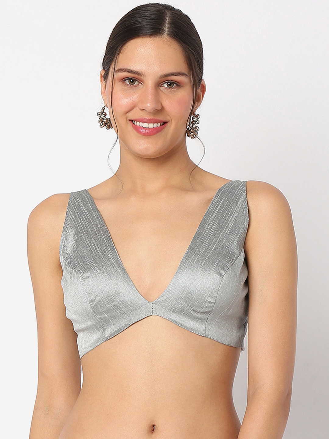 

SALWAR STUDIO Dupion Silk Readymade Saree Blouse, Silver