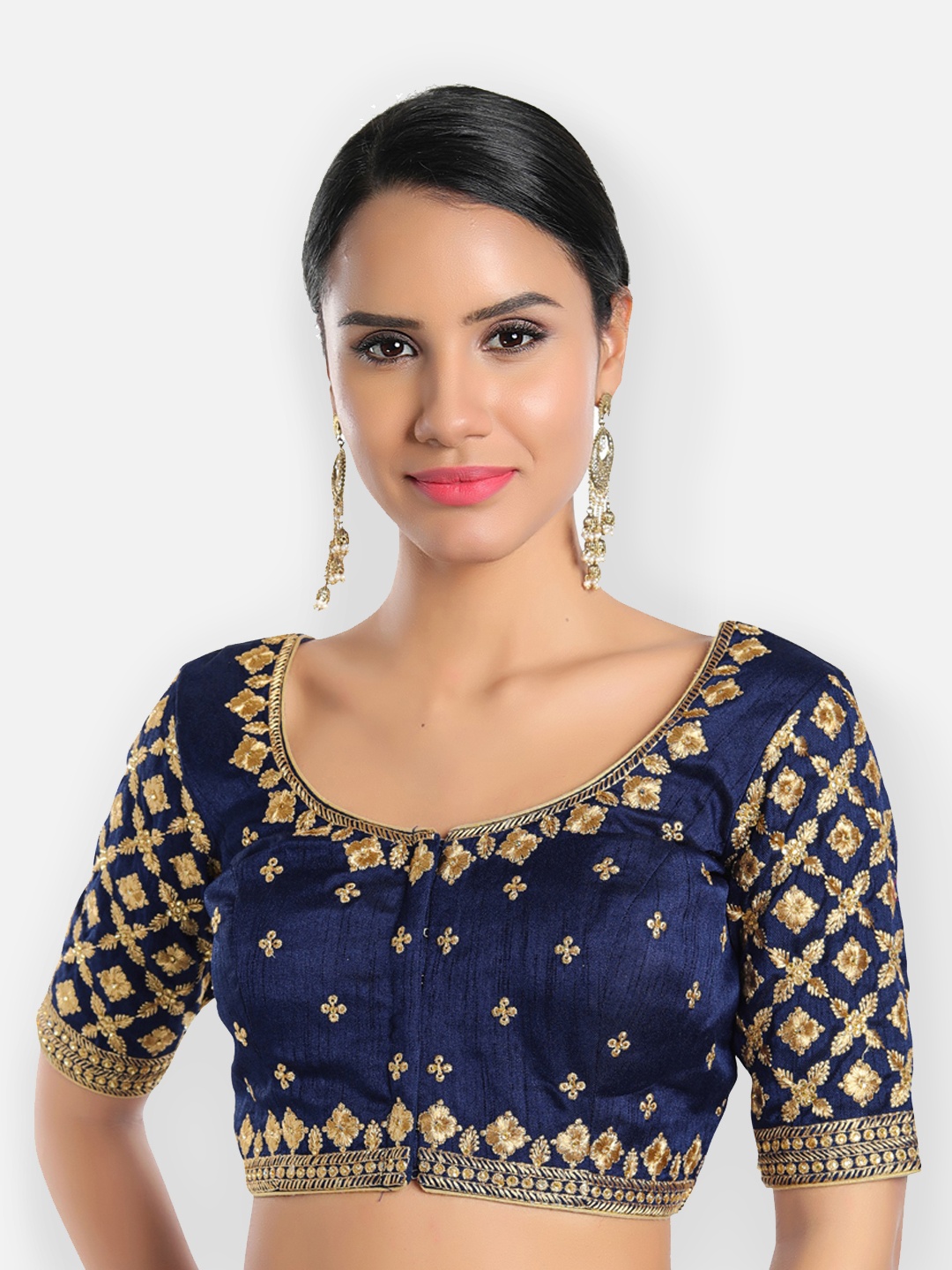 

SALWAR STUDIO Embroidered Front Open Readymade Silk Saree Blouse, Navy blue