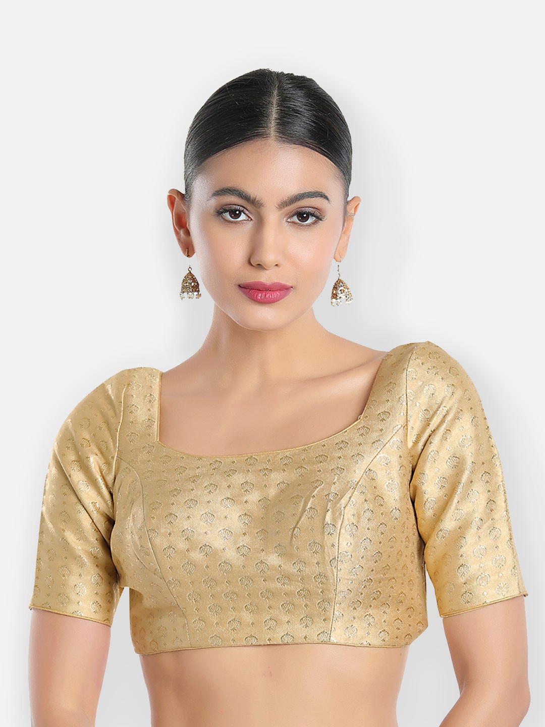 

SALWAR STUDIO Printed Square Neck Brocade Back Open Readymade Saree Blouse, Gold