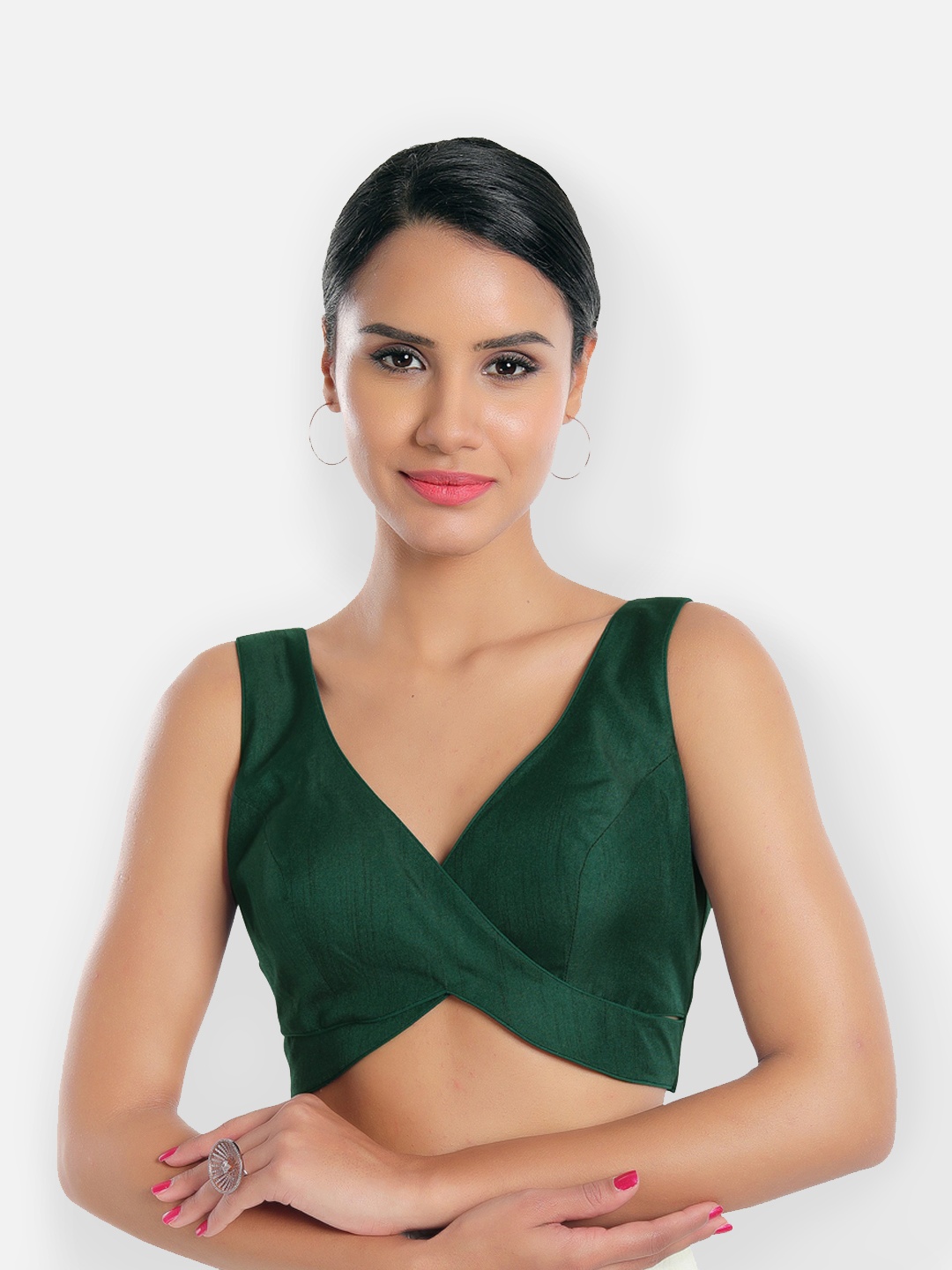 

SALWAR STUDIO V-Neck Sleeveless Back Open Silk Readymade Saree Blouse, Green