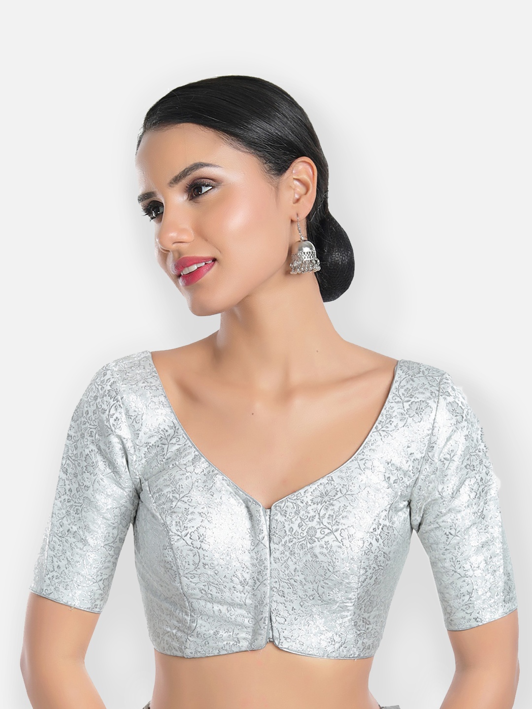 

SALWAR STUDIO Woven Design Readymade Saree Blouse, Silver