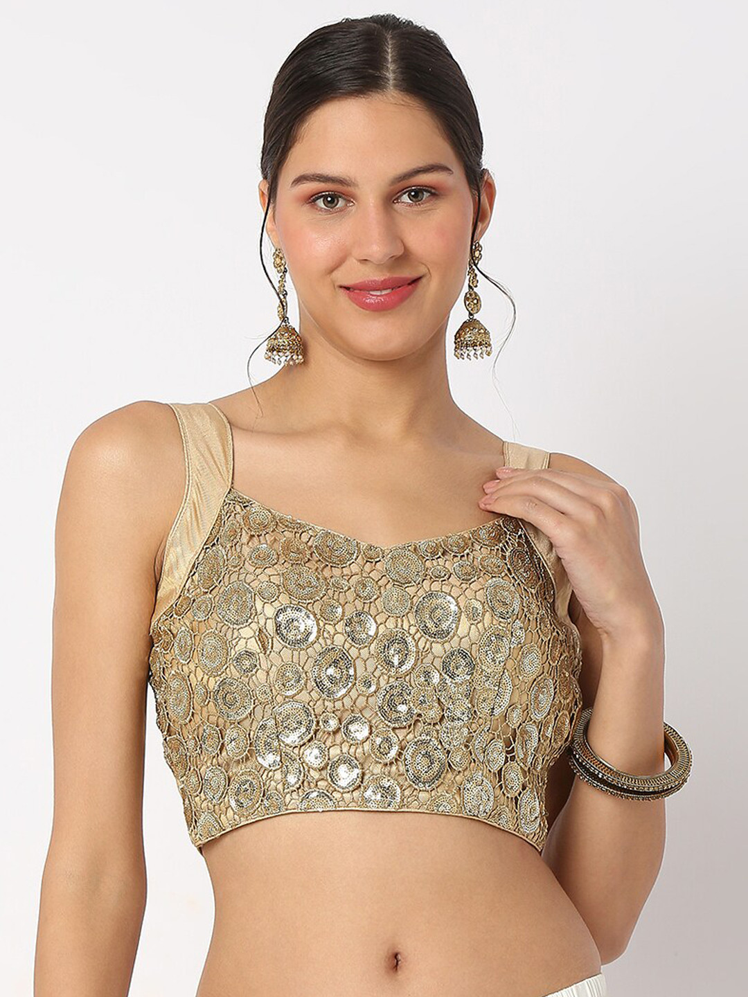 

SALWAR STUDIO Embroidered Sleeveless Back Open Saree Blouse, Gold