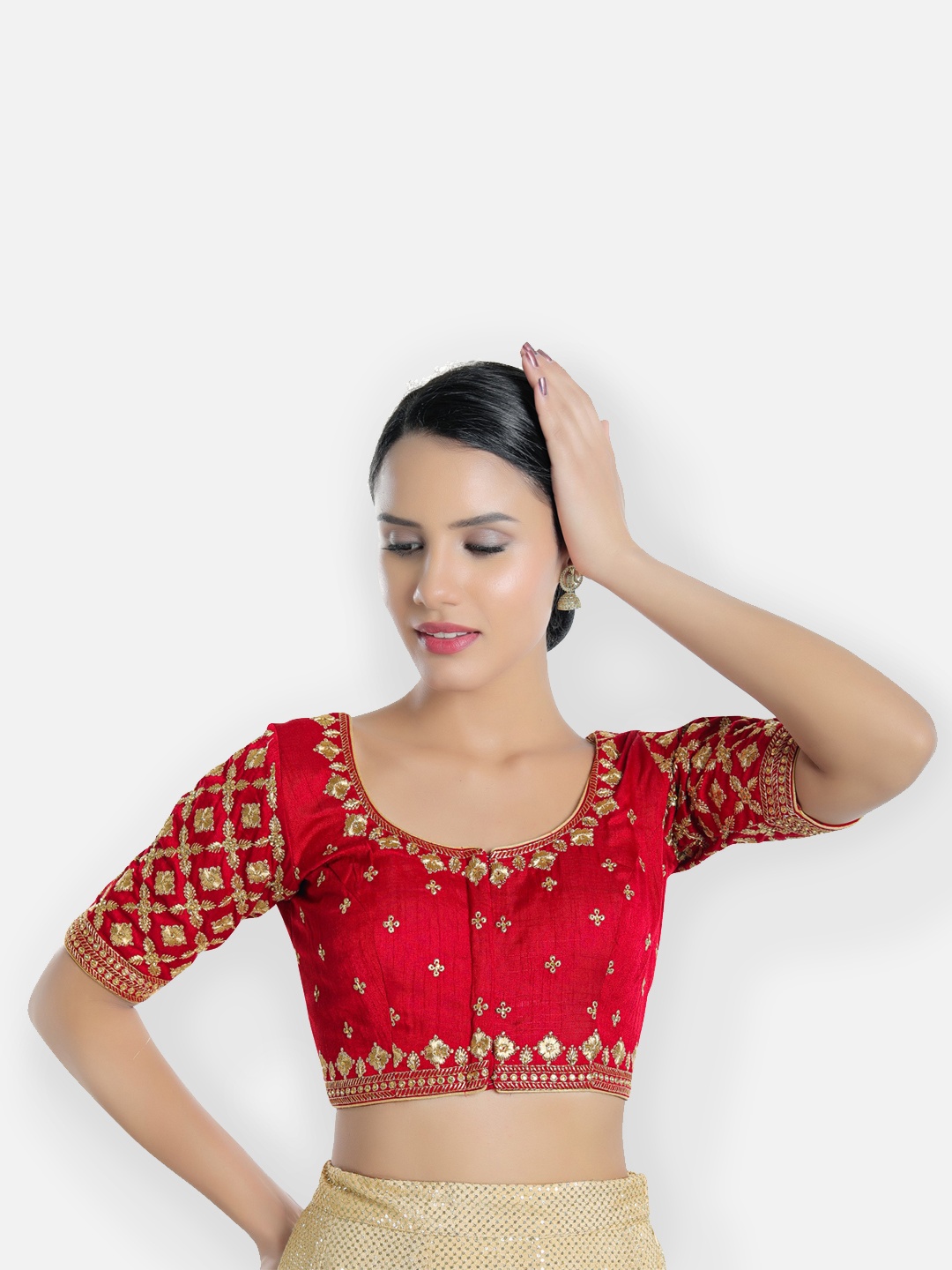 

SALWAR STUDIO Embroidered Front Open Silk Readymade Saree Blouse, Red