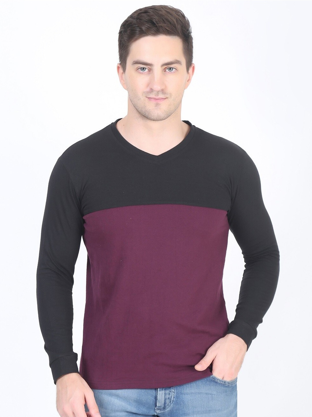 

DIAZ Colourblocked Long Sleeves Cotton T-shirt, Purple