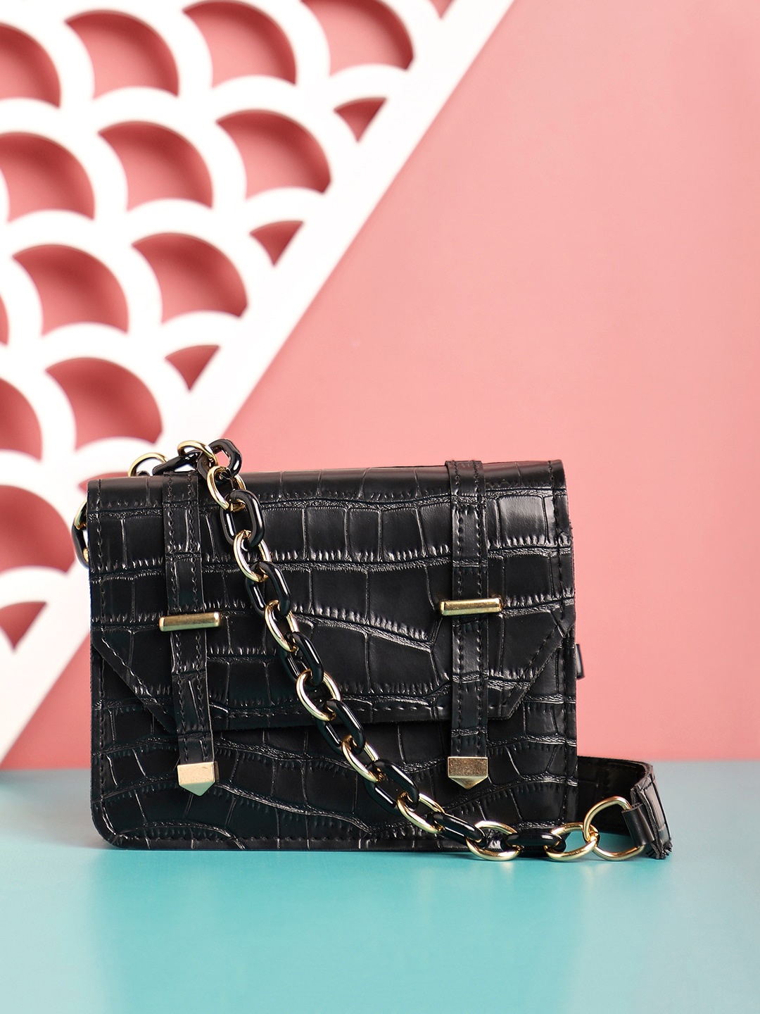 HAUTE SAUCE by Campus Sutra Textured Structured Sling Bag, Black