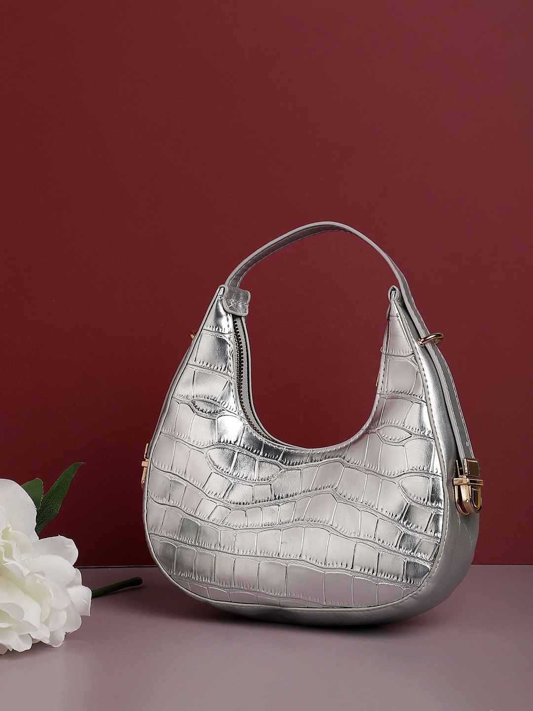 

HAUTE SAUCE by Campus Sutra Animal Printed PU Half Moon Hobo Bag, Silver