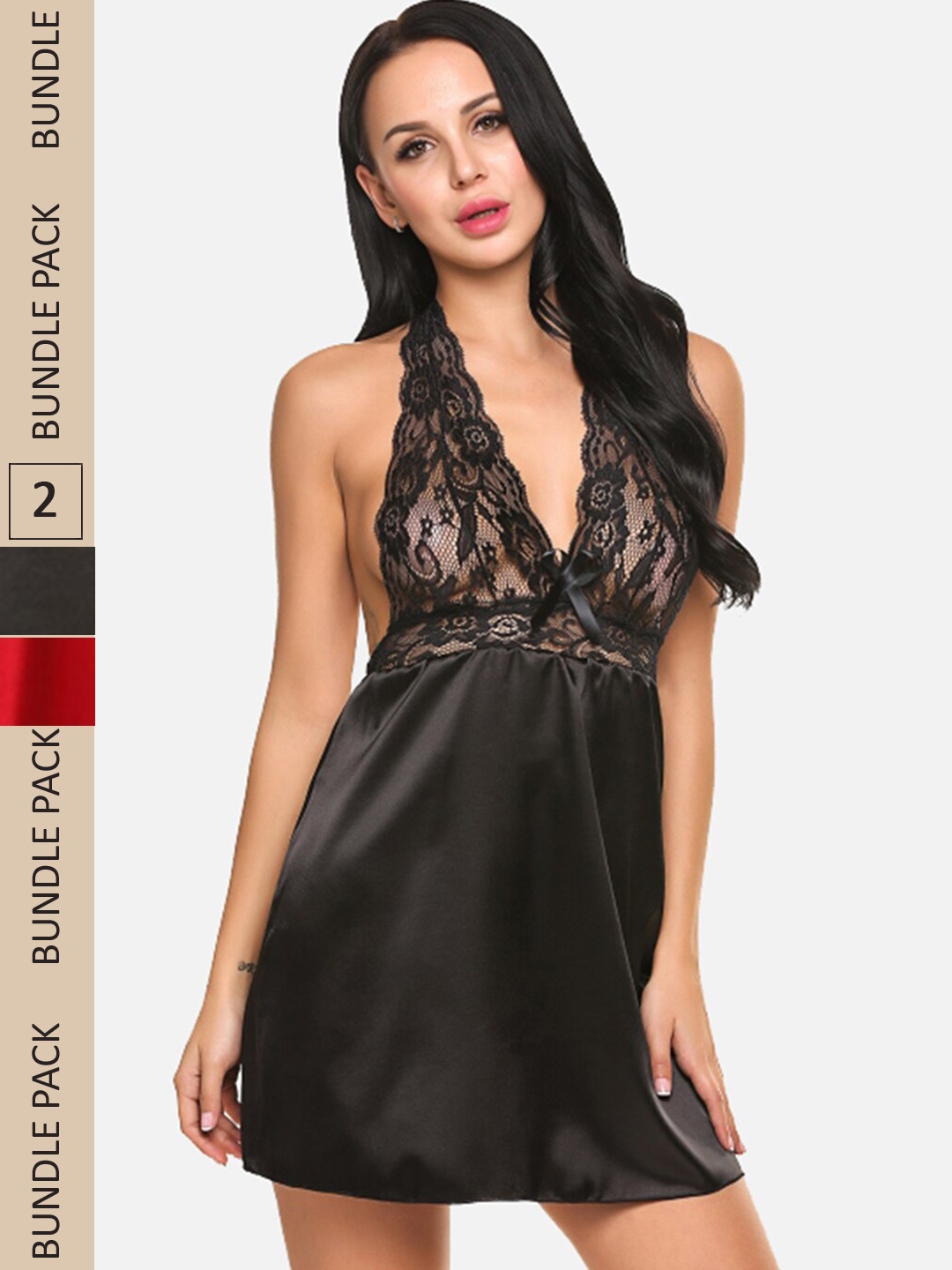 

FIMS Pack of 2 Satin Halter Neck Baby Doll, Black