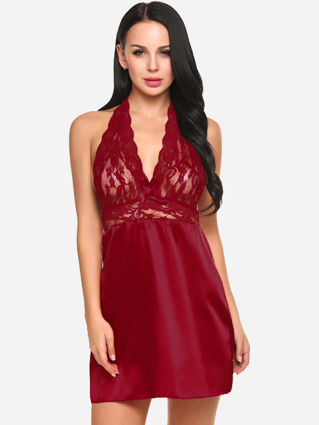 

FIMS Satin Halter Neck Baby Doll, Maroon