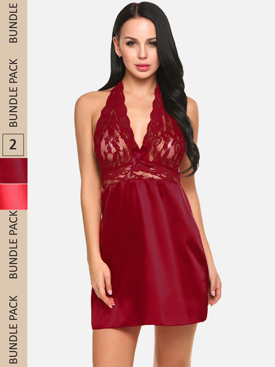 

FIMS Pack of 2 Satin Halter Neck Baby Doll, Red