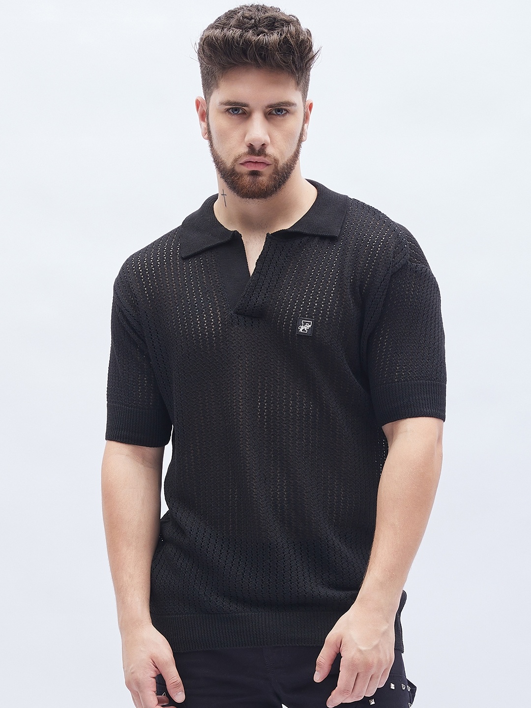 

FUGAZEE Men Crochet Cotton Oversize Fitted T-shirt, Black