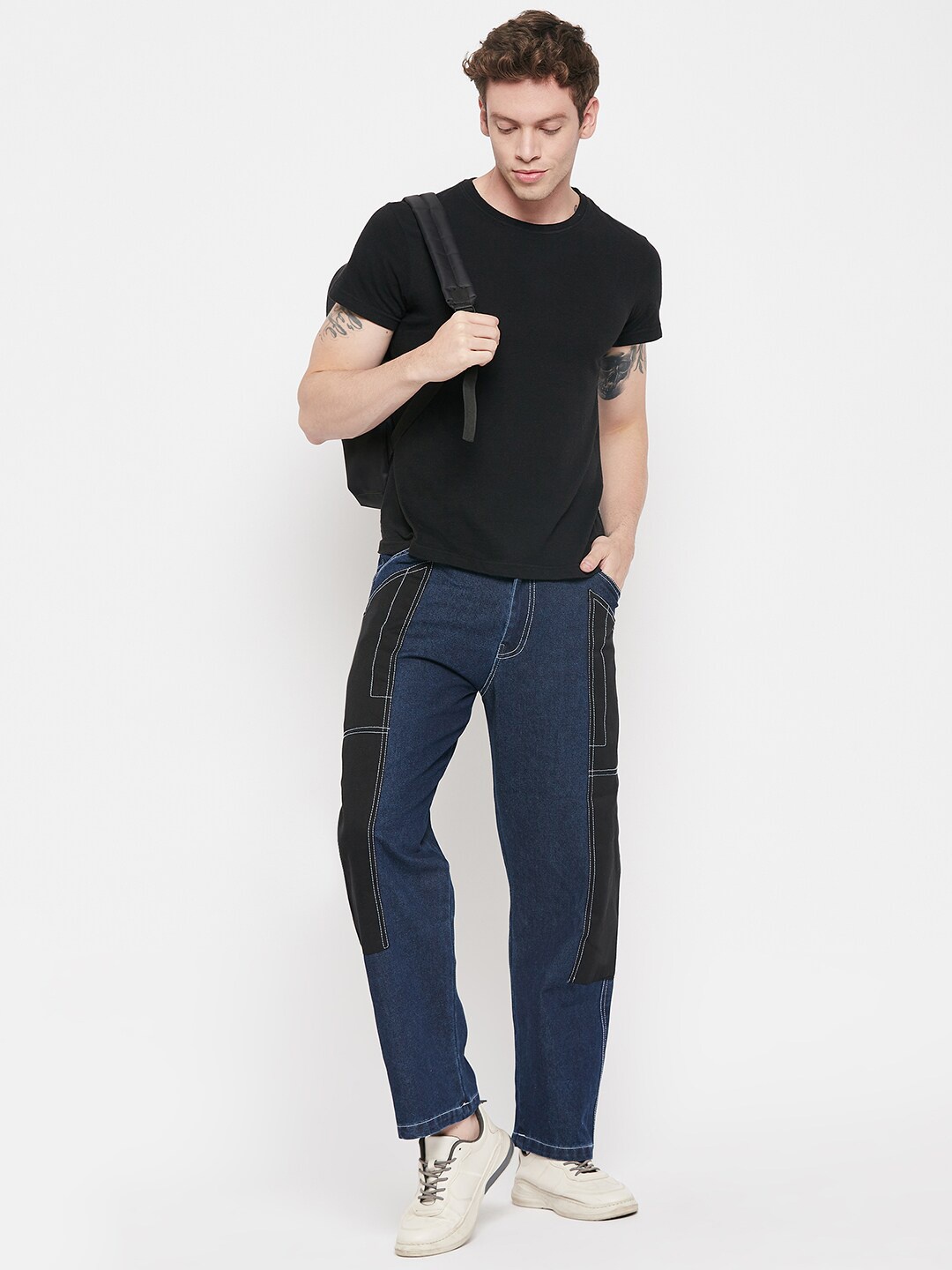 

FUGAZEE Men Loose Relaxed Fit Colourblocked Cotton Jeans, Blue