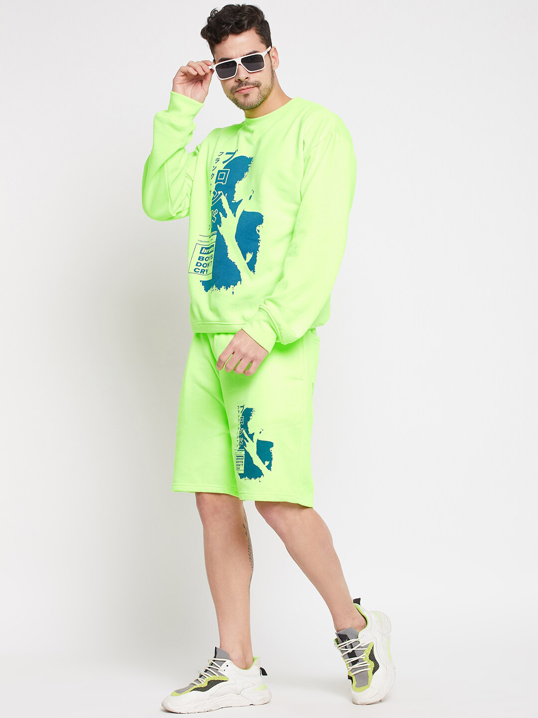 FUGAZEE Men Graphic Printed Mid-Rise Pure Cotton Loose Fit Shorts, Fluorescent green