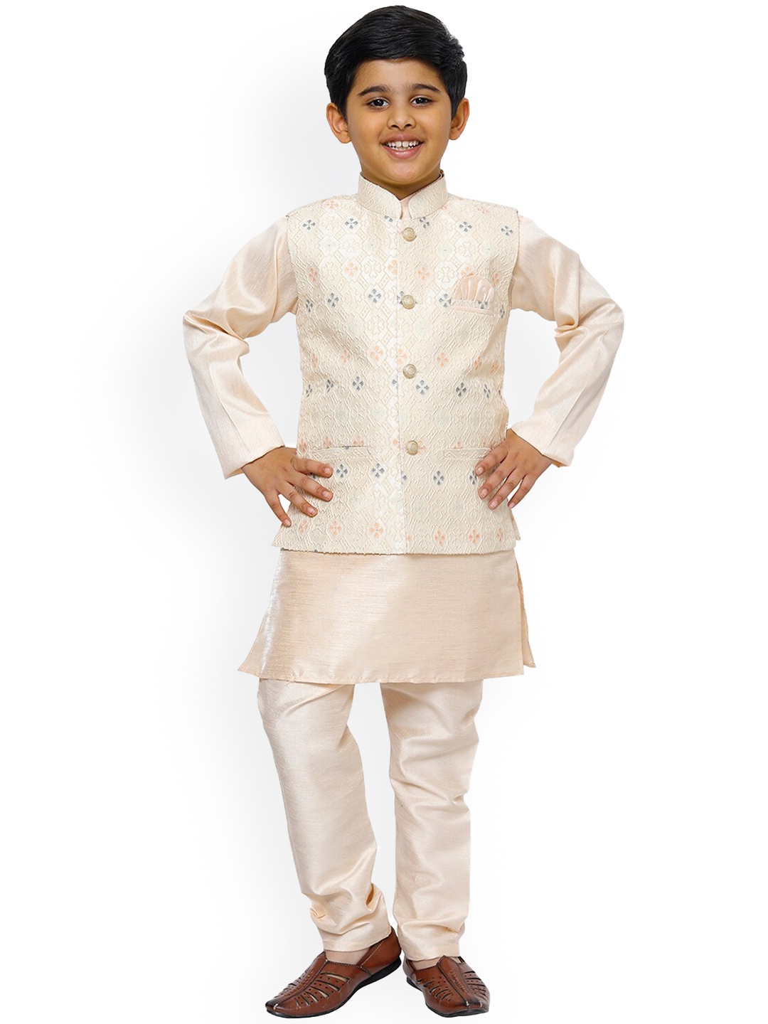 

Pro-Ethic STYLE DEVELOPER Boys Floral Kurta with Pyjamas & Jacket, Peach