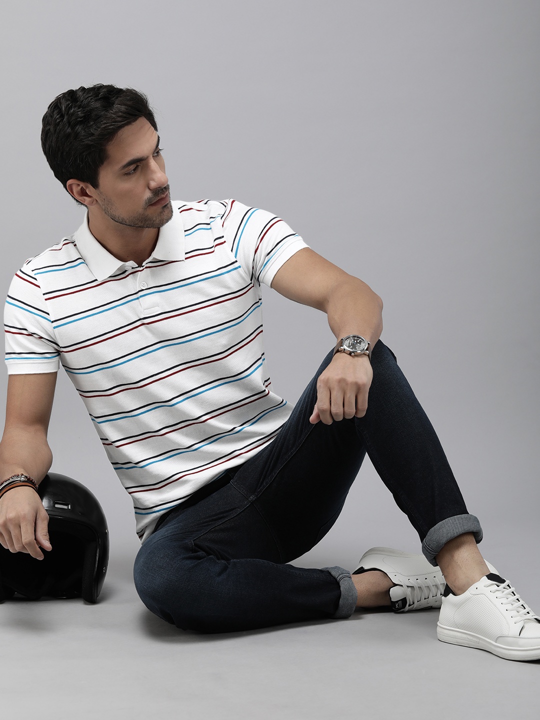 

Roadster Striped Polo Collar T-shirt, White