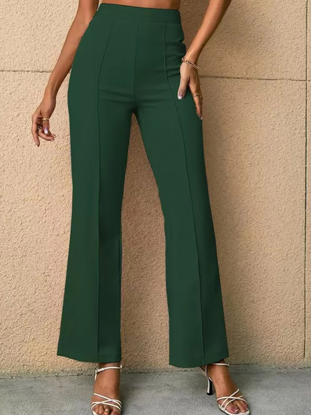 

Jinax Women Relaxed Straight Fit High-Rise Easy Wash Pleated Bootcut Trousers, Green