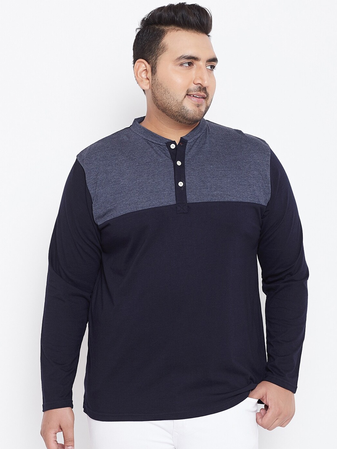 

bigbanana Men Plus Size Colourblocked Henley Neck Bio Finished Pure Cotton T-shirt, Navy blue