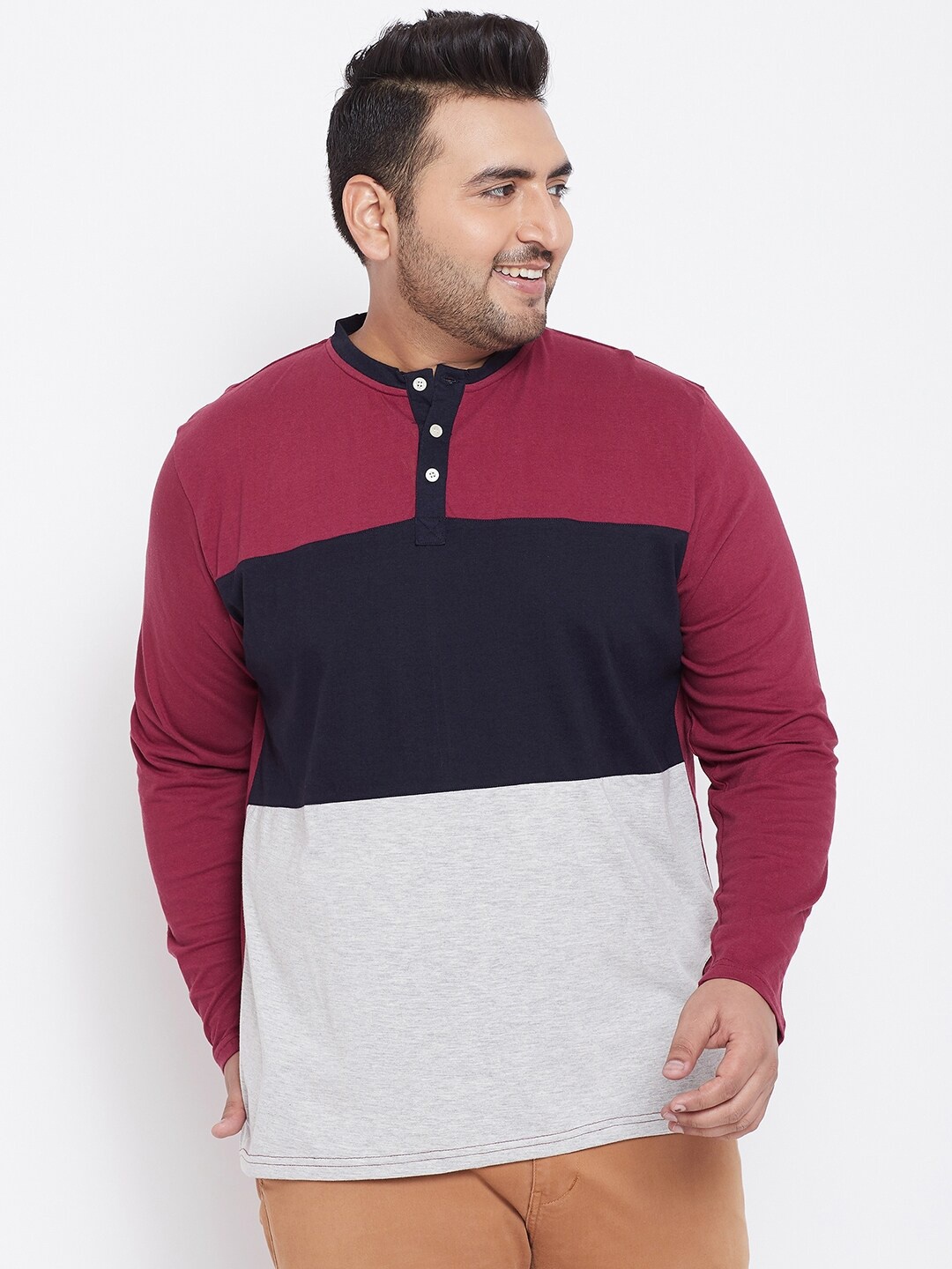 

bigbanana Plus Size Striped Henley Neck Bio Finish Pure Cotton T-shirt, Red